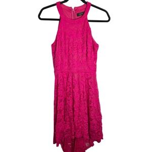 Floral Lace High Low Hot Pink Fit and Flare Dress Illusion Neckline